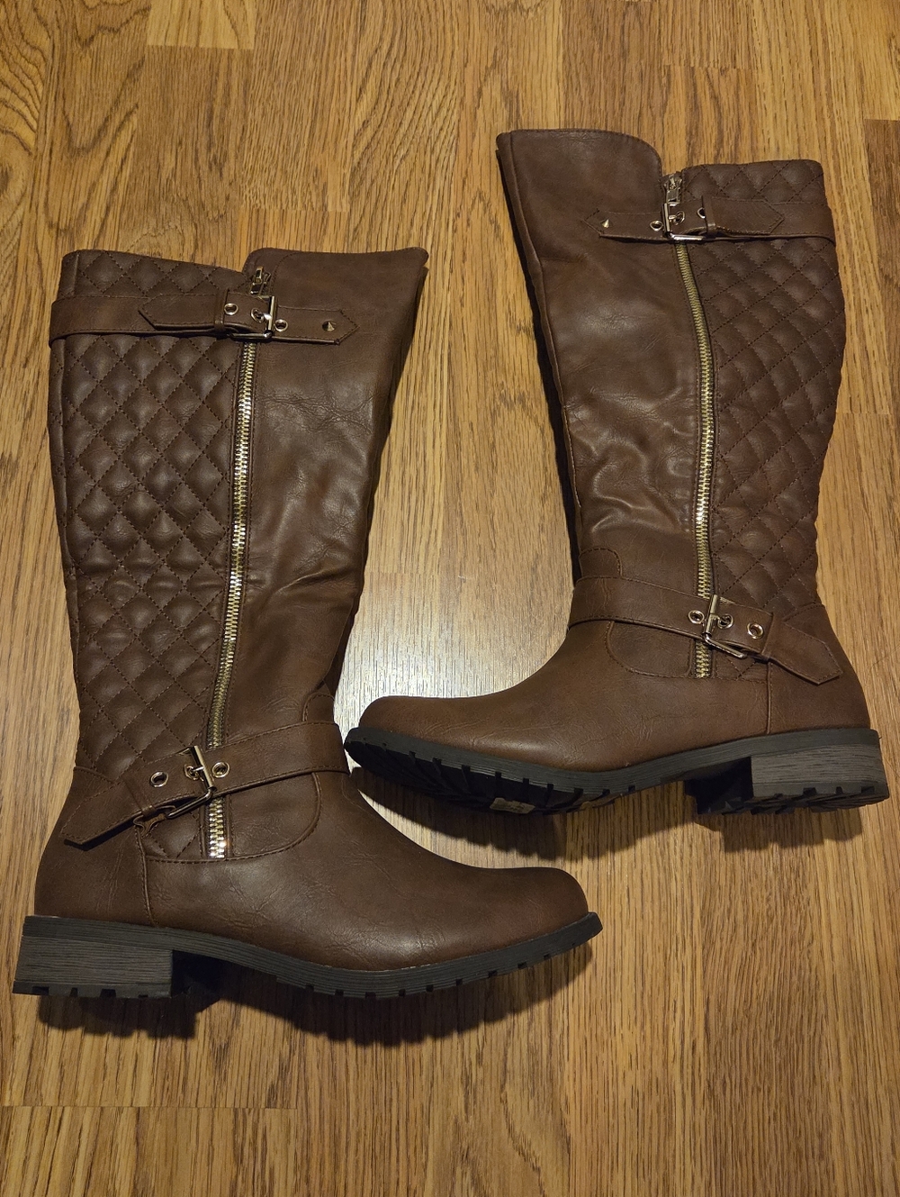 Brown Quilted Knee-High Boots